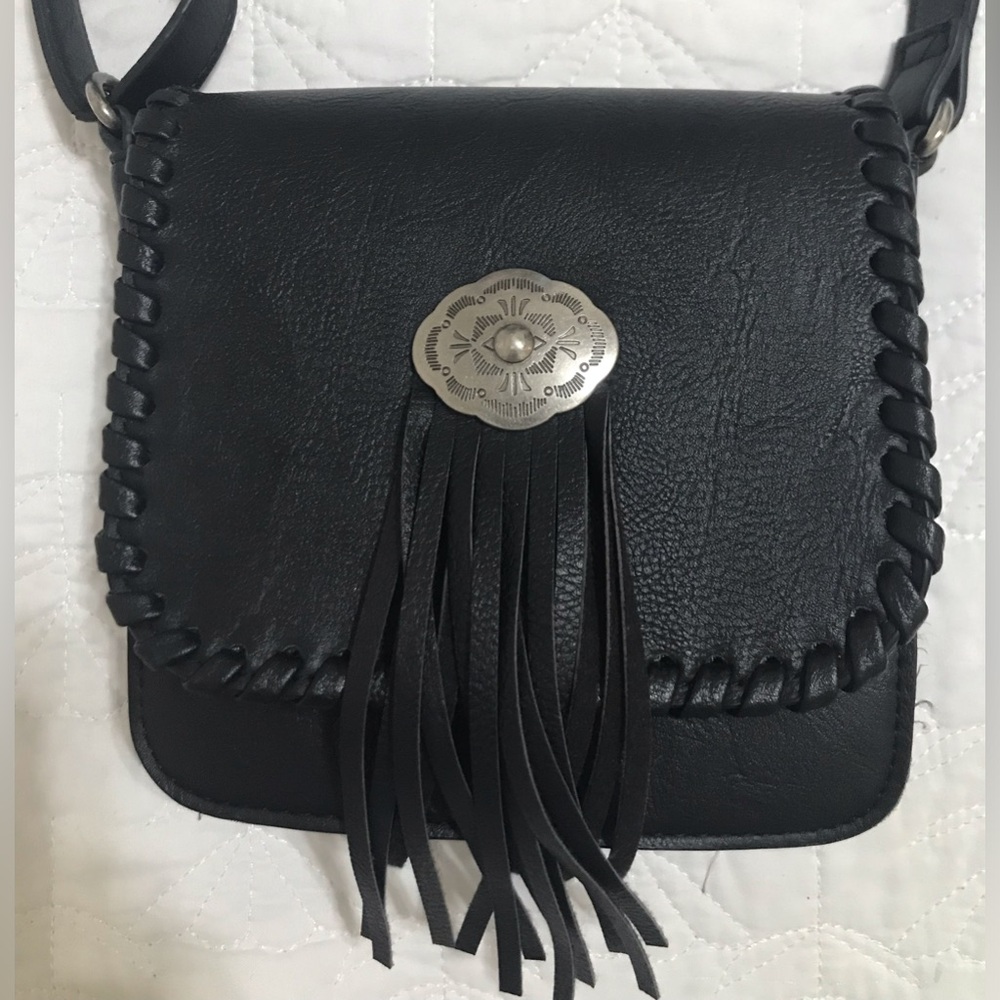 Black leather fringe crossbody purse
